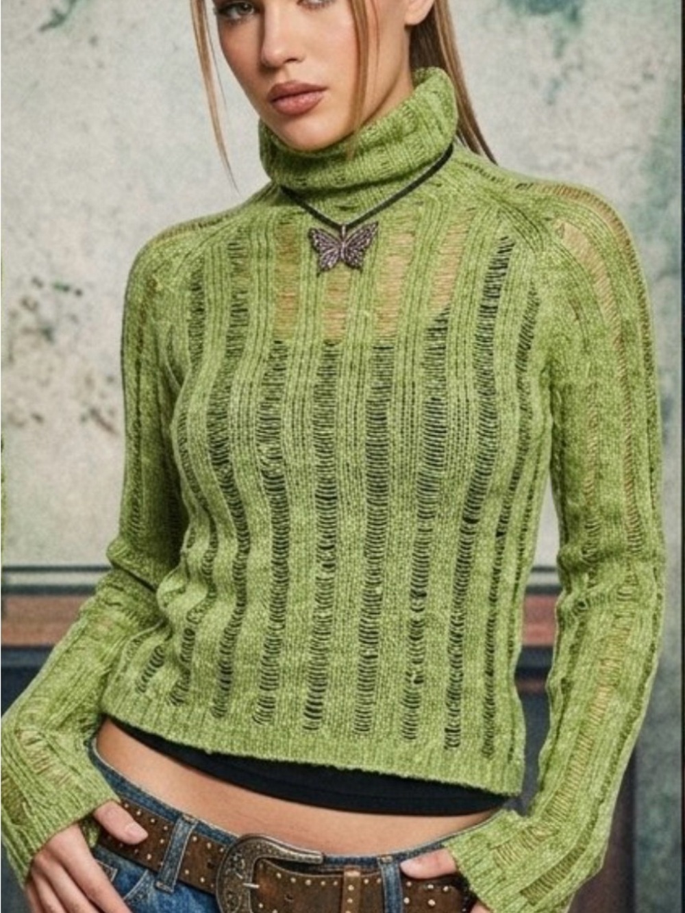 Y2K Parasuco Lnitwear Mohair Blend Green Turtleneck Ribbed Knit Sweater